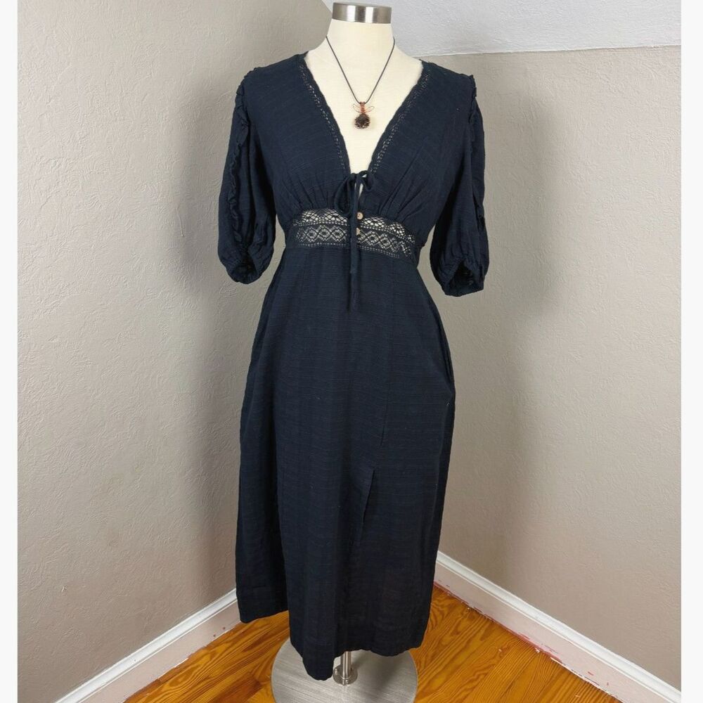 Free People | Black Cotton Crochet Waist Puff Sleeve Midi Dress Size Medium